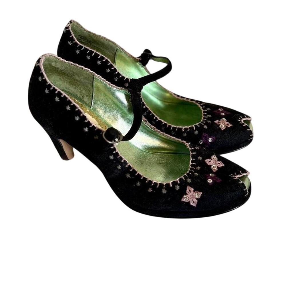 Rare Vintage Italian Boutique Black Velvet Embroidered Mary Jane Heels Size 6.5